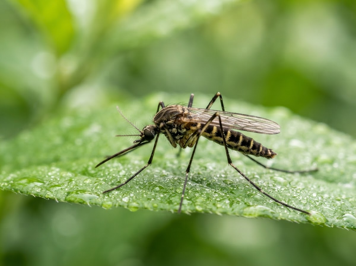 Sharp macro side-view close-up of a single mosquito resting on a fresh green leaf with tiny water droplets, legs and wings clearly visible, against a softly blurred botanical background