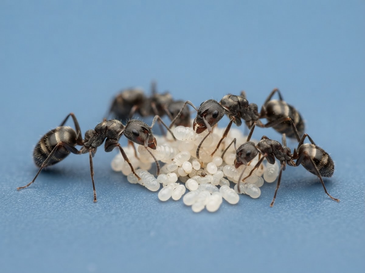 Macro photograph of banded worker ants tending a cluster of white larvae and eggs on a blue surface