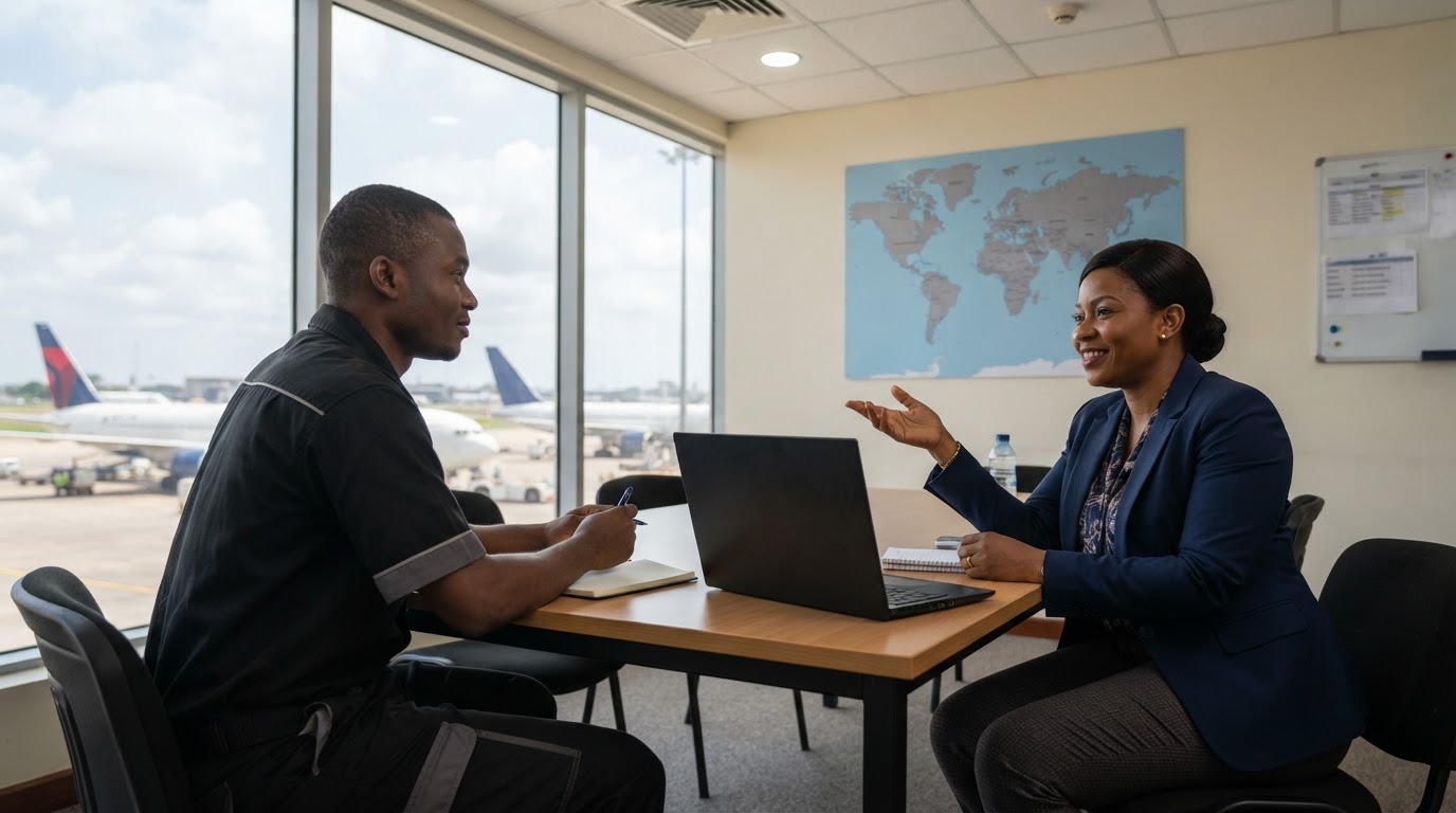 A bright airside briefing room at Accra airport; a Ghanaian pest control technician and a Ghanaian airline operations manager sit at a table facing each other and talking, with an open laptop between them seen from behind the technician so the back of its lid faces the camera, and a plain world map on the wall behind with no readable labels