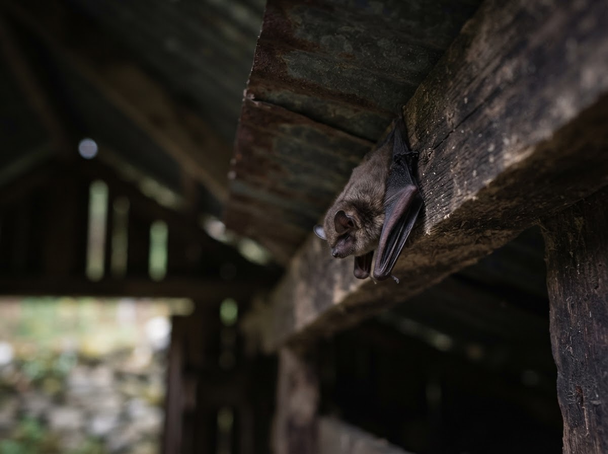 A single small bat roosting calmly, hanging upside down from the underside of a corrugated roof beside a roof beam, wings folded around the body, seen from the side in soft dim natural light