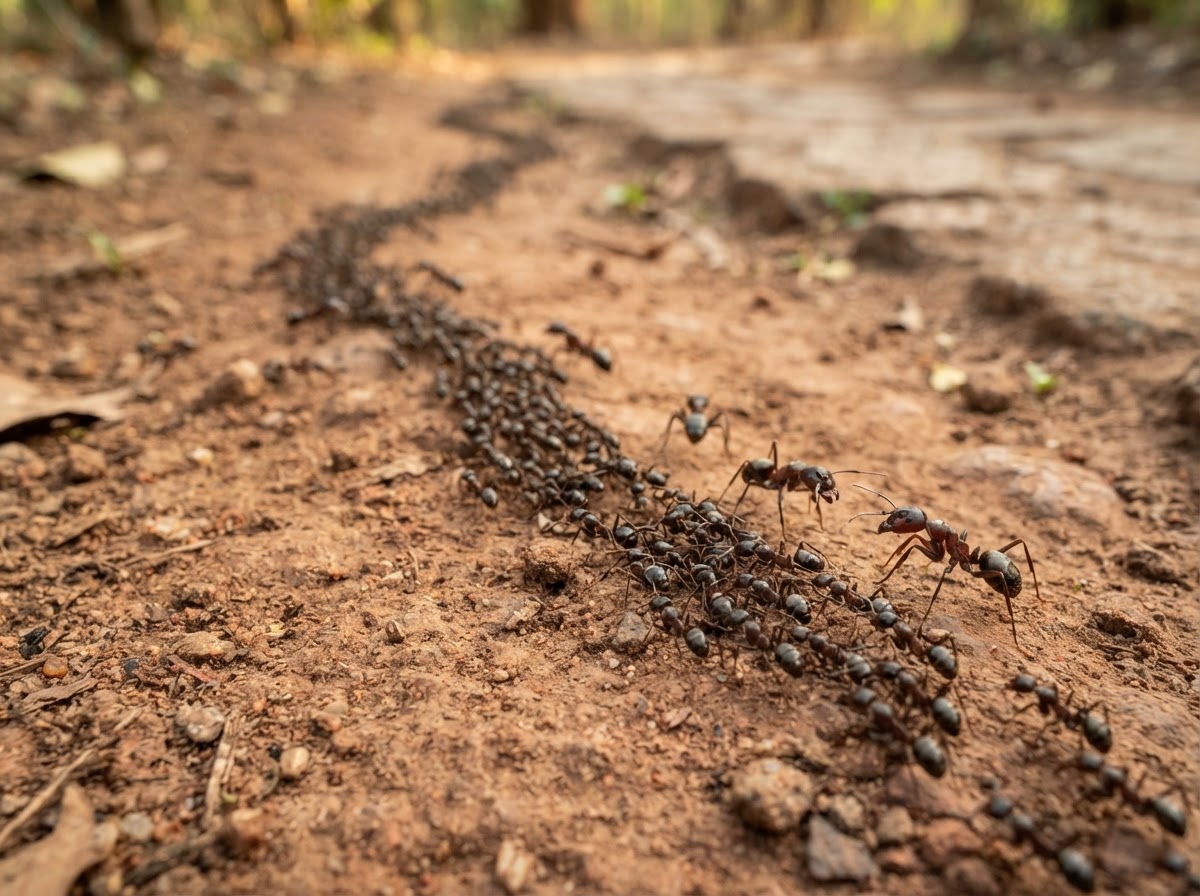 A column of driver ants crossing bare reddish-brown soil beside a garden path, with a few larger soldier ants at the edges, the nearest ants in sharp focus and the column fading softly into the distance, soft warm daylight, shallow depth of field