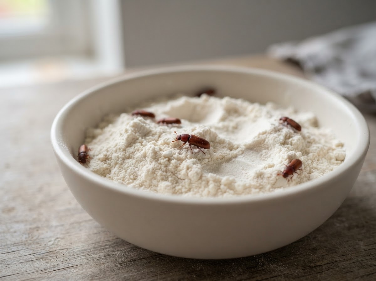 Sharp macro close-up of small reddish-brown flour beetles resting on the surface of pale white flour in a plain unbranded bowl on a worktop, the flour texture in sharp focus, soft natural daylight, shallow depth of field