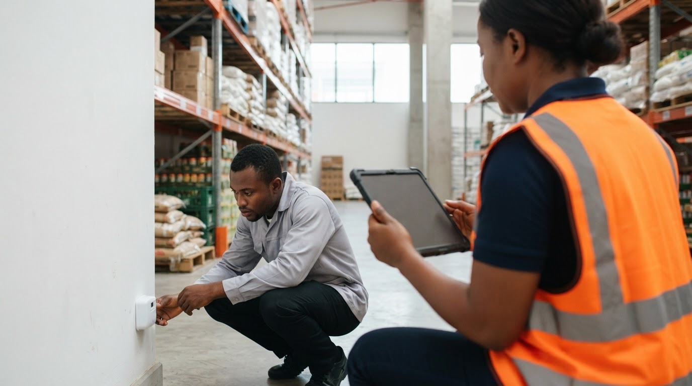 Over-the-shoulder view from behind a Ghanaian supervisor in a high-visibility vest, who holds a tablet with its back toward the camera, looking at a Ghanaian technician in clean work clothes who crouches and checks a small pest monitoring station low on a wall in a bright, tidy, modern food storage warehouse in Accra