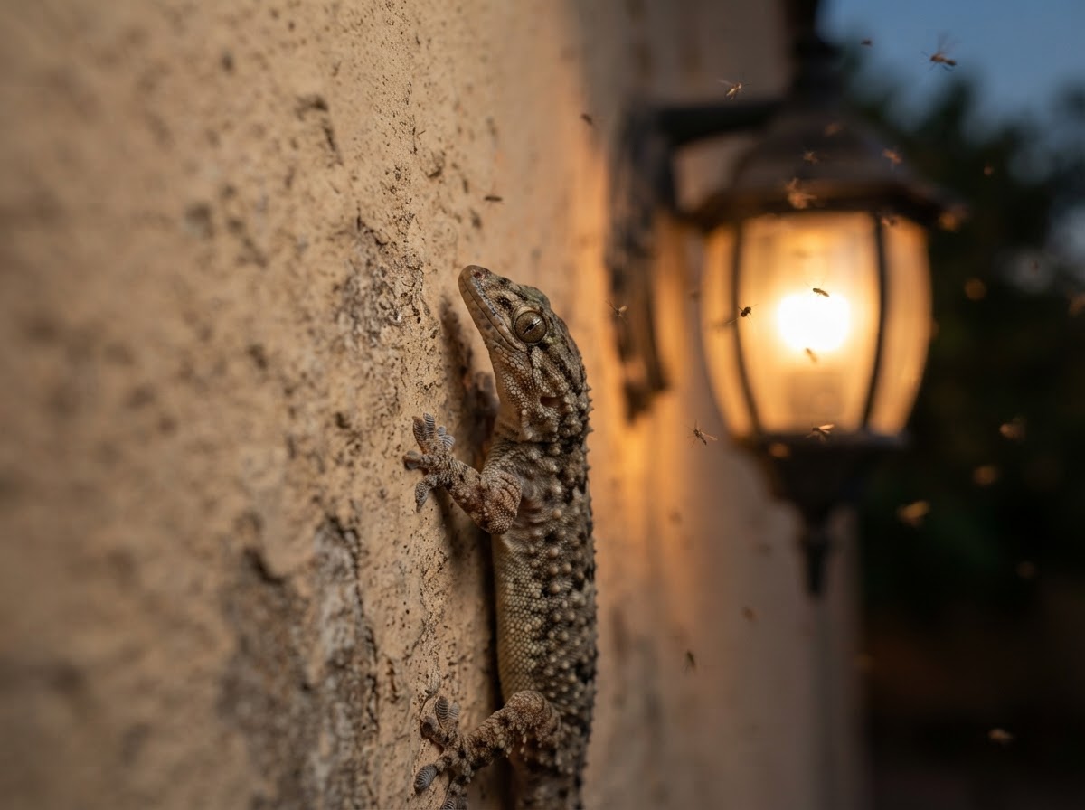 Sharp macro close-up of a single house gecko on a painted exterior wall close to an outdoor light in the evening, a few small insects near the light, the gecko in sharp focus with detailed skin texture, soft warm evening light, shallow depth of field