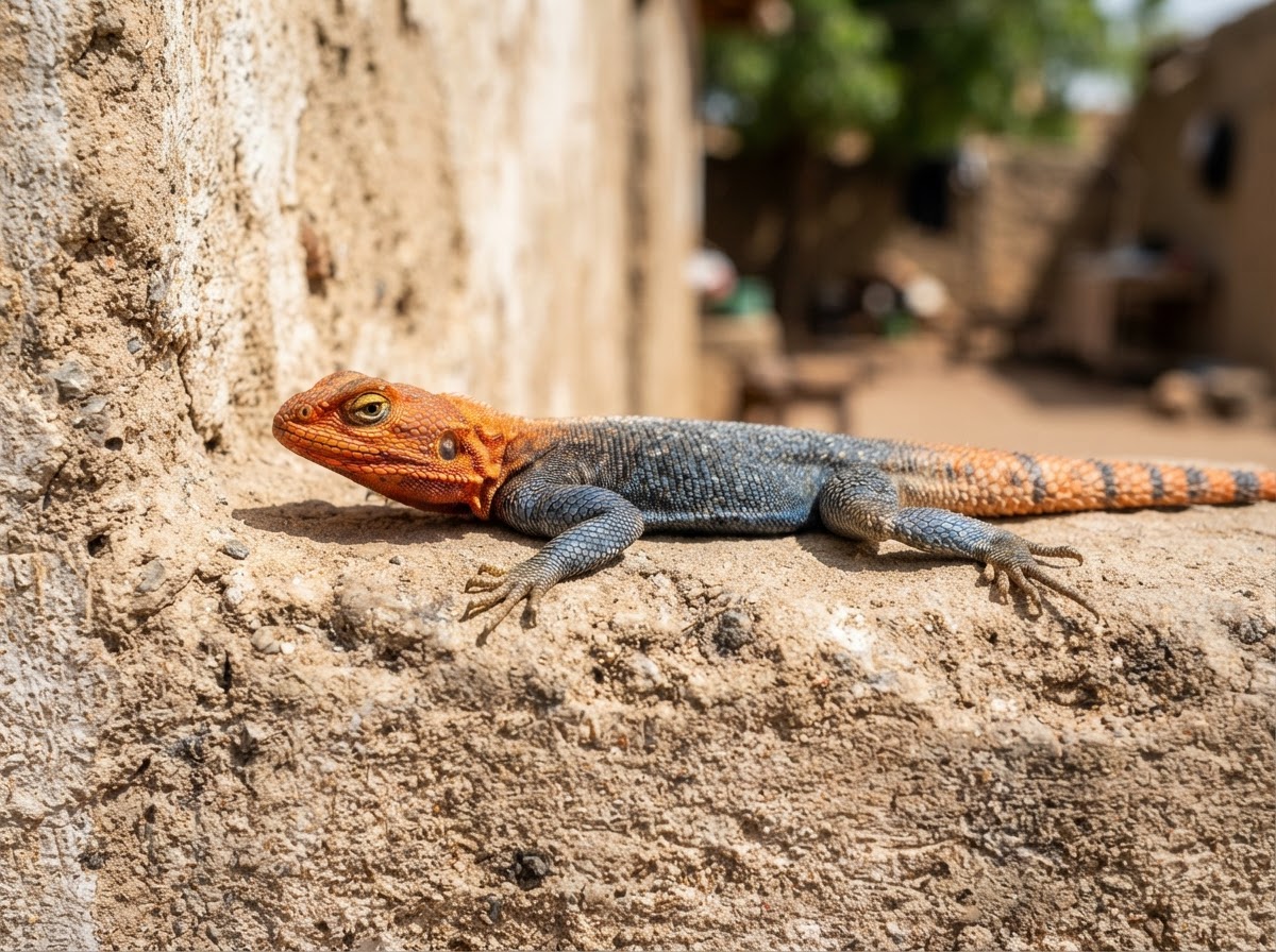 Sharp macro close-up of a single agama lizard resting on a plastered compound wall in bright sunlight, calm and relaxed, the scales in sharp focus, soft natural daylight, shallow depth of field