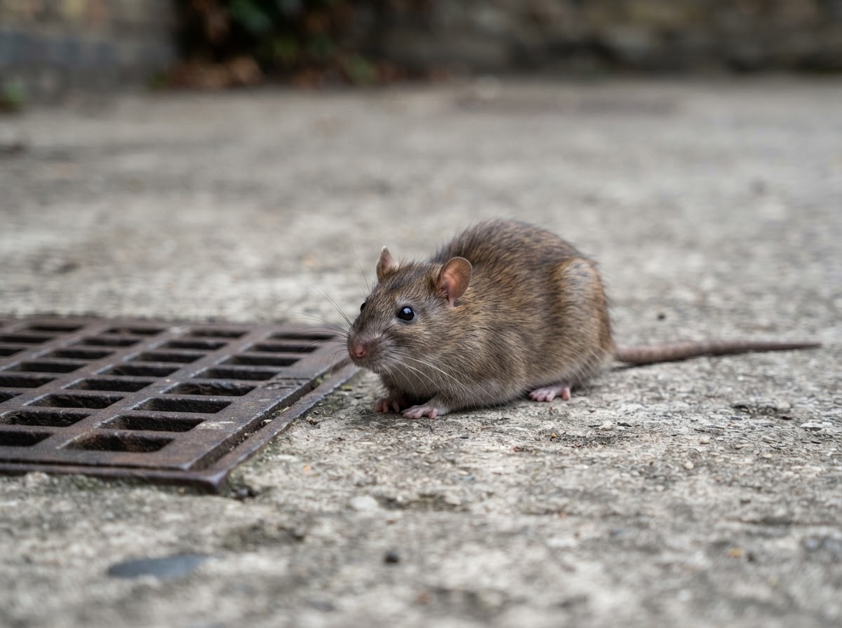 Sharp macro close-up of a single brown rat on a plain concrete compound surface beside a drain, whiskers and fur in fine detail, soft natural daylight, shallow depth of field, calm and still