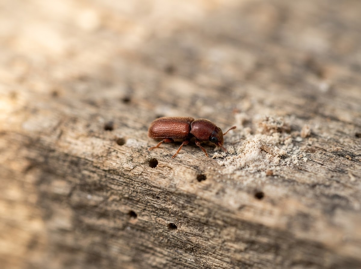 A small reddish-brown powderpost beetle on the rough surface of an old unpainted timber beam, with fine pale frass beside it and a few tiny round exit holes in the wood, soft side light, macro