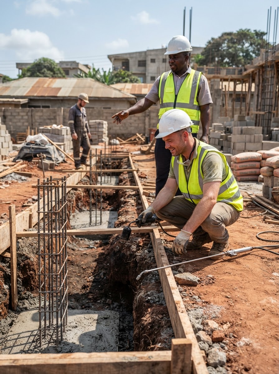 A friendly Ghanaian pest control technician in a hard hat, high-visibility vest, gloves and safety glasses crouching at the edge of an open concrete footing trench at a building site in Accra, holding only a torch with a soil treatment sprayer wand resting on the ground beside them, a Ghanaian site engineer behind and another worker in the distance, in bright daylight