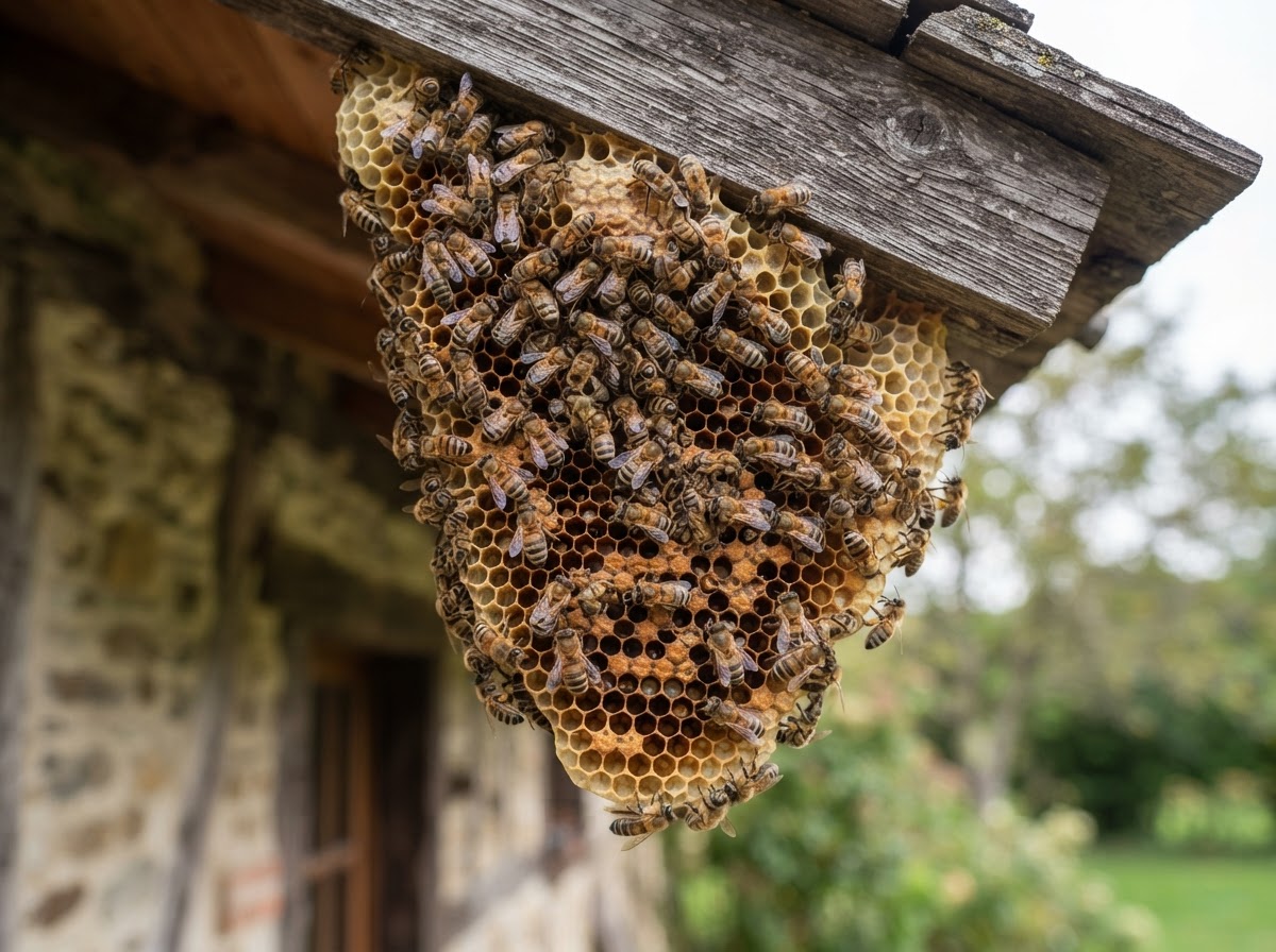 Sharp photograph of honey bees clustered on a honeycomb hanging from a roof beam close to a house, soft natural daylight, shallow depth of field, calm