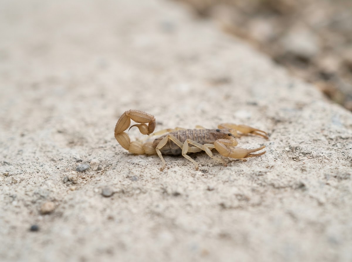 A single small pale-brown scorpion resting calmly on pale concrete, seen from the side and slightly above, with its tail relaxed and curled and its claws lowered