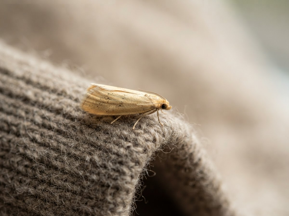 A small pale golden-buff clothes moth resting on the folded edge of a plain woollen jumper, wings closed over the body, soft light, macro