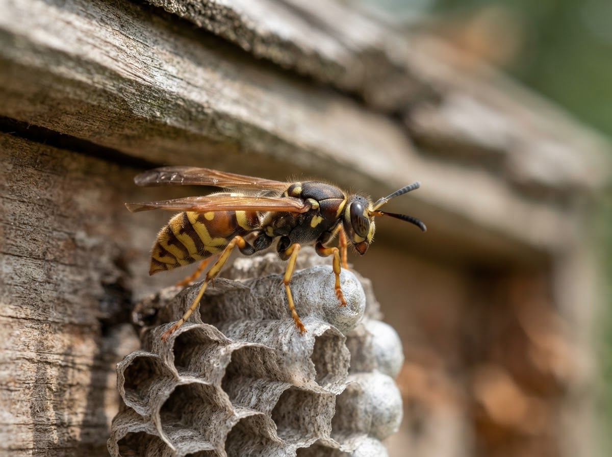 Sharp macro side-view close-up of a single paper wasp resting on a section of a grey paper comb nest tucked under a roof eave, showing the narrow petiole waist, translucent folded wings, long segmented antennae and banded abdomen, against a softly blurred eave background