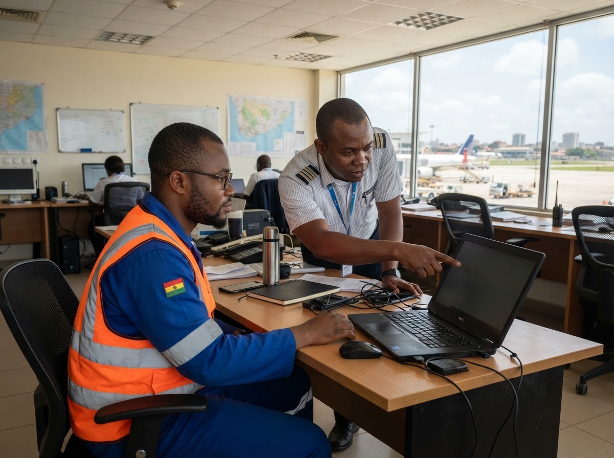 The same airline operations office at Accra airport; a Ghanaian pest control technician in a high-visibility vest sits at a table with a laptop seen from slightly behind and to the side so its screen is visible only as a soft glow at a sharp angle, while a Ghanaian operations officer leans in beside him pointing at it; both faces are in natural profile
