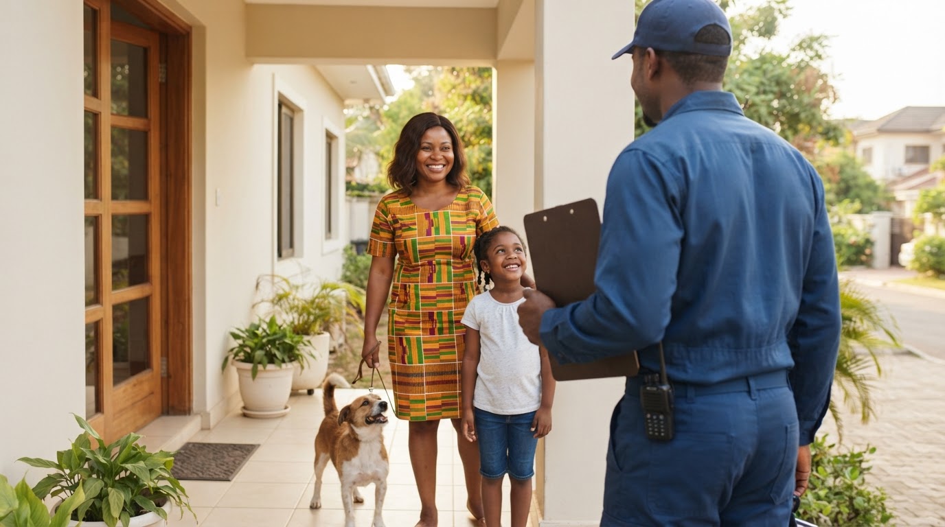Over-the-shoulder view from behind a friendly Ghanaian pest control technician in clean work clothes, who holds a clipboard against his body with its back turned toward the camera, greeting a smiling Ghanaian family — a parent and a child with a small dog — at the doorway of a bright, modern, tidy Accra home in warm daylight