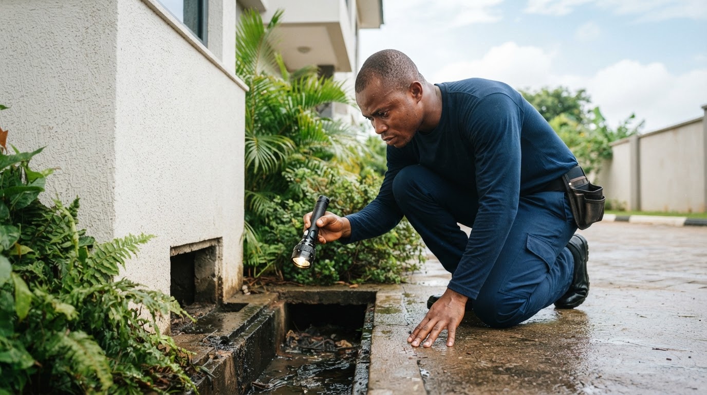 A pest technician checks a monitoring station as part of an inspection-led IPM plan.