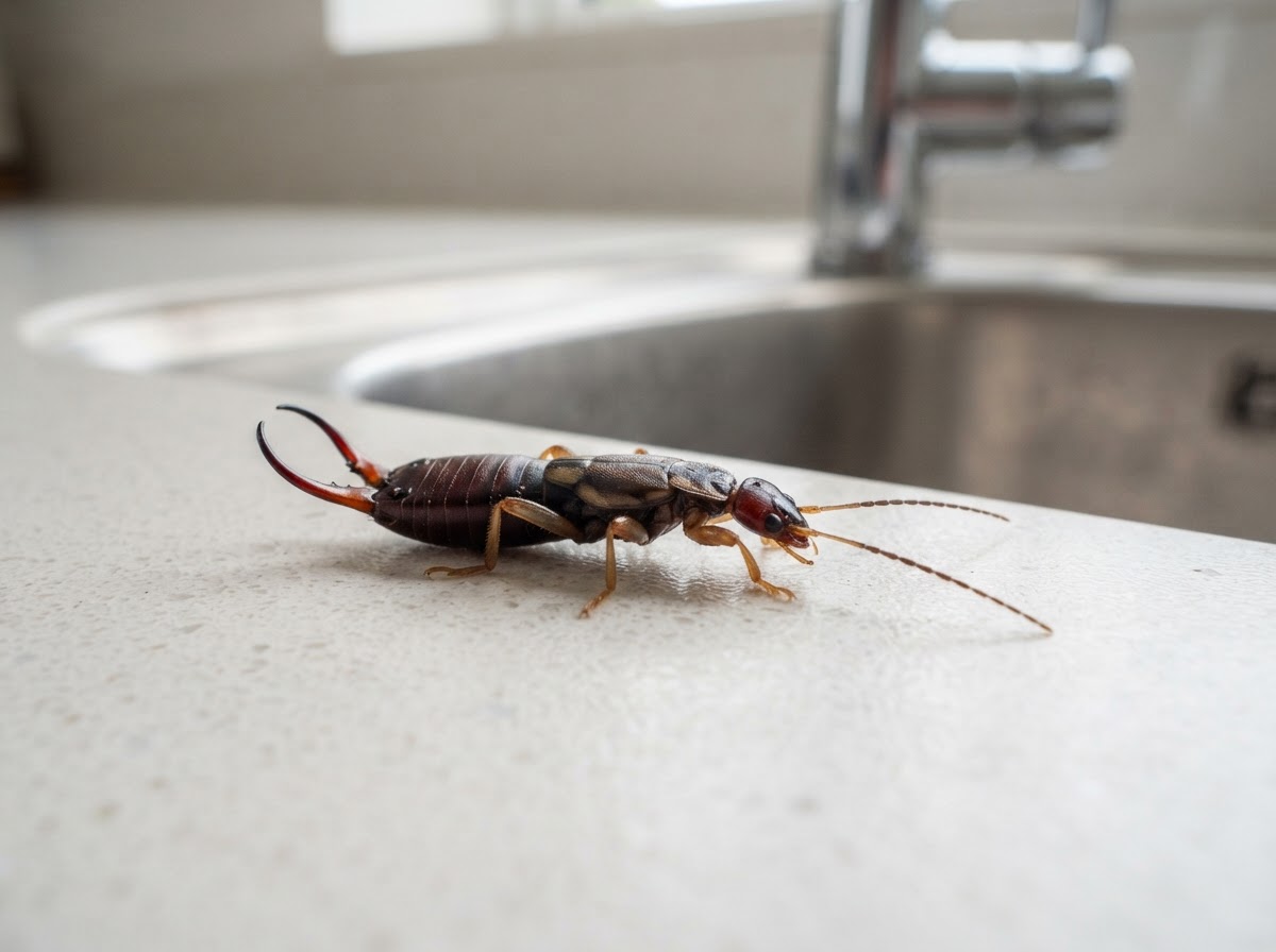 Sharp macro close-up of a single common earwig resting on a clean pale kitchen worktop near a stainless steel sink, the earwig in sharp focus with curved rear pincers and long antennae visible, soft natural daylight, shallow depth of field