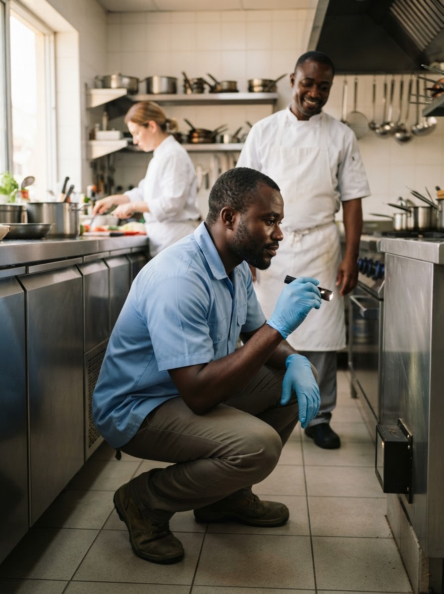 A friendly Ghanaian pest control technician in clean practical work clothes and gloves crouching to inspect a small pest monitoring station low on the wall in a spotless Accra restaurant kitchen, holding only a torch, with a Ghanaian chef in whites watching in the background