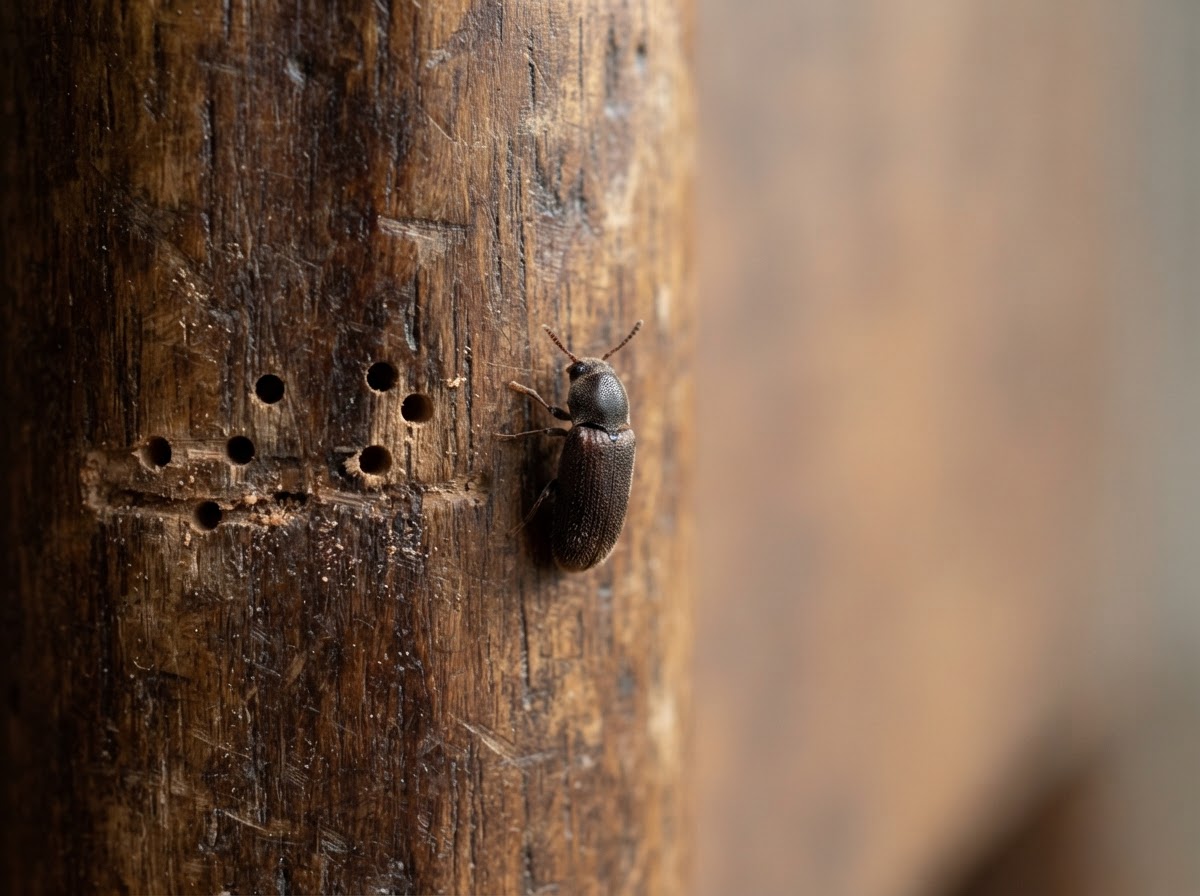 A small dark-brown furniture beetle on the smooth surface of an old varnished wooden table leg, with several tiny round exit holes nearby, soft window light, macro, the furniture plain and generic with no recognisable design, brand or label
