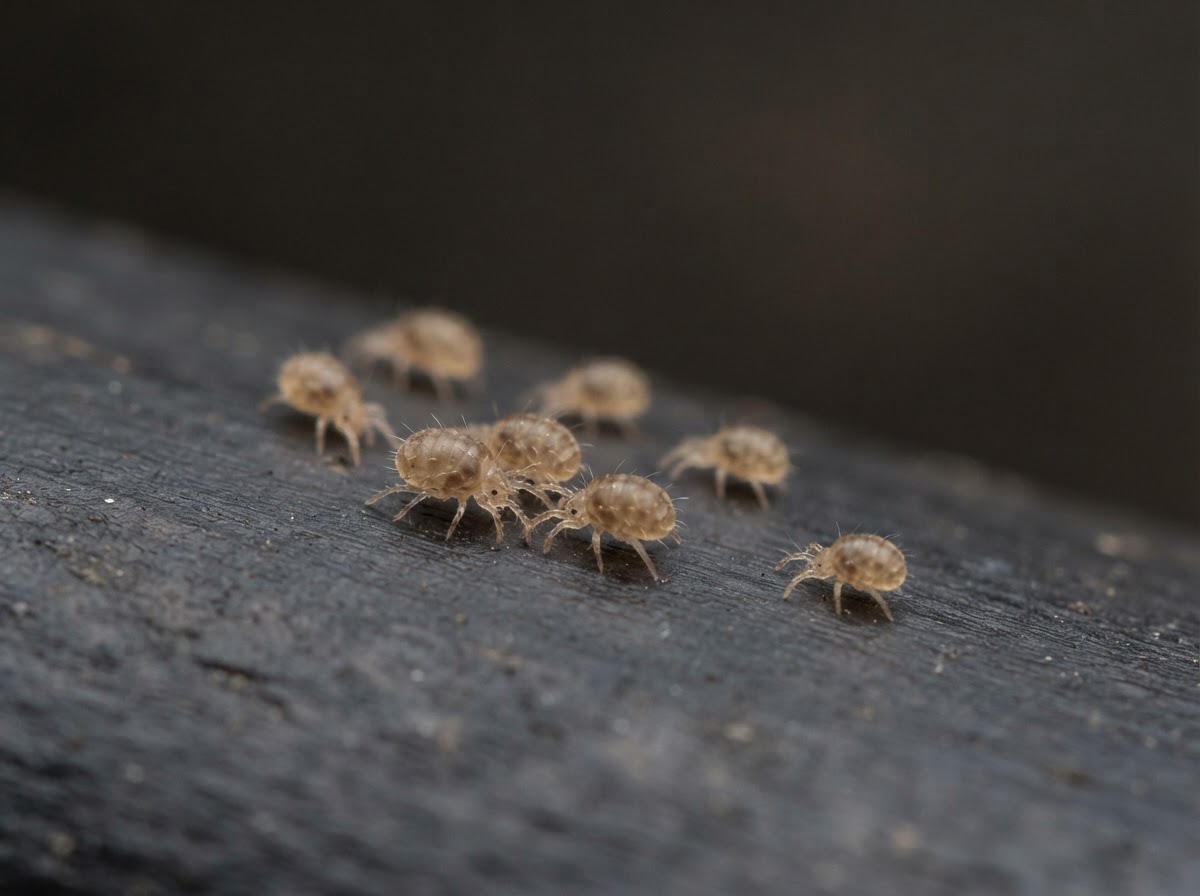 A small group of tiny pale brown mites crawling across a smooth dark surface