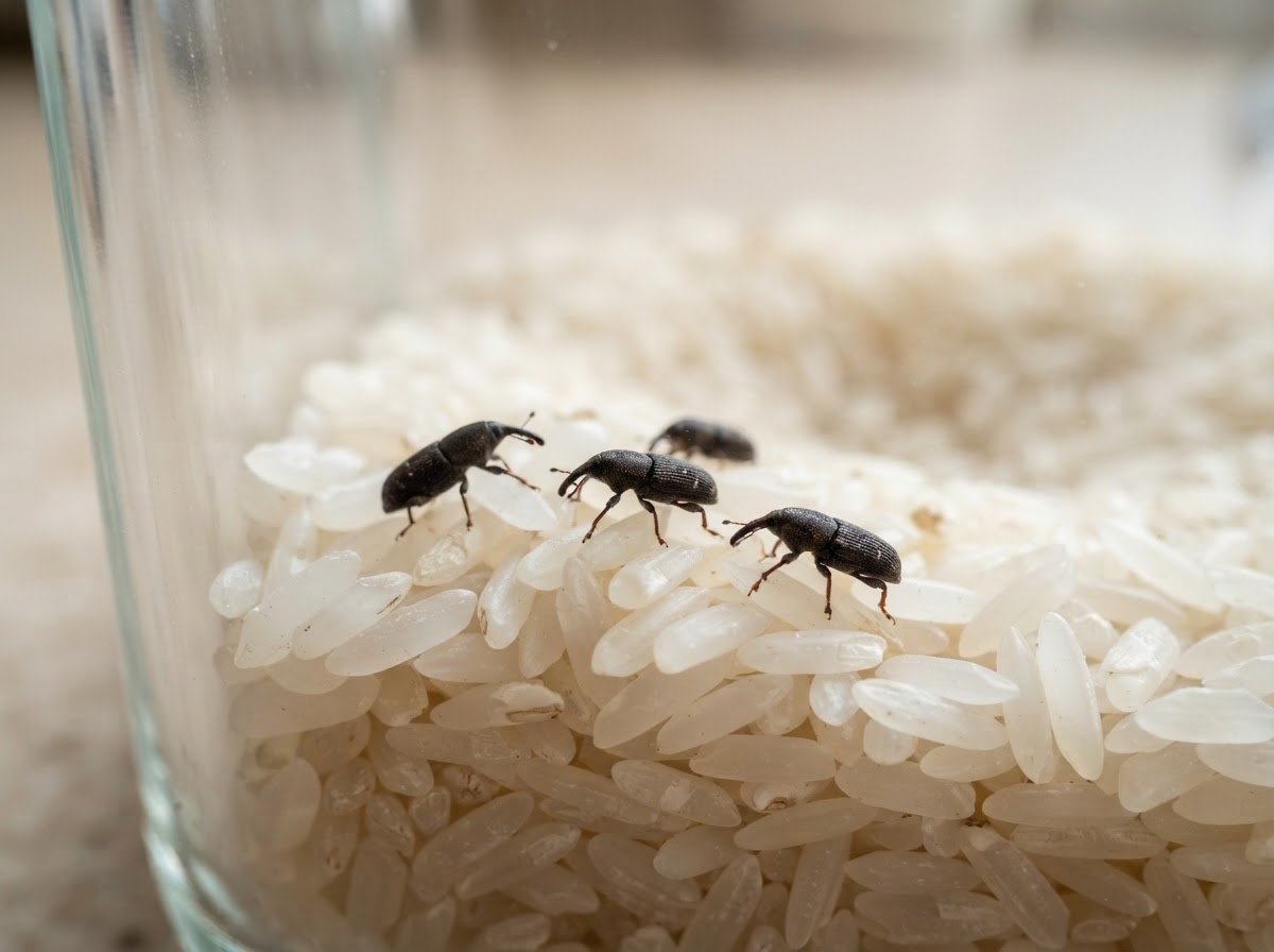 Sharp macro close-up of a few small dark stored-product grain weevils crawling on a neat pile of rice grains inside a clean kitchen storage container, the individual grains in crisp sharp focus, against a softly blurred background