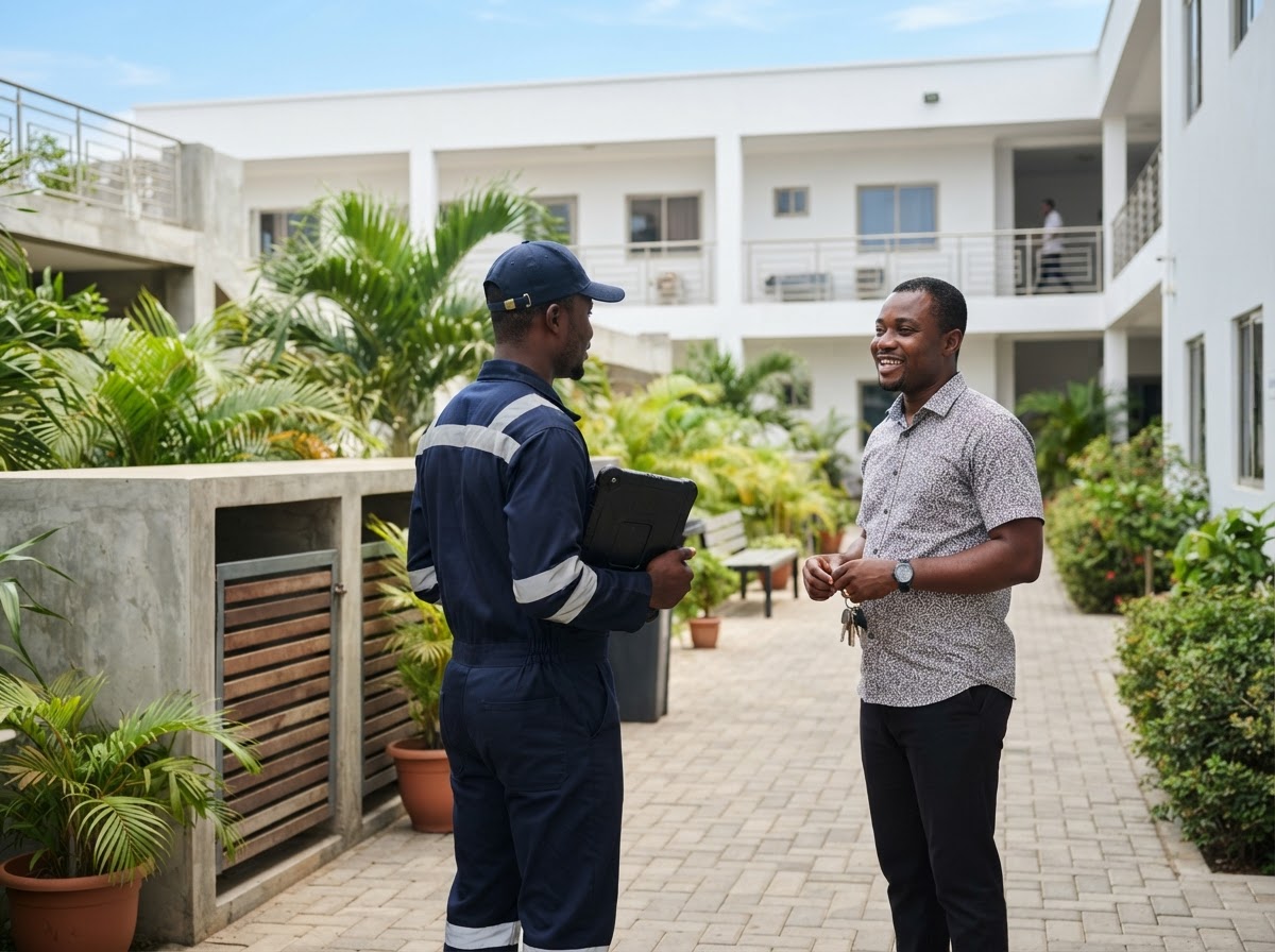 The tidy courtyard of a modern apartment complex in Accra with green plants and a neat communal bin store, where an over-the-shoulder, three-quarter rear view from behind a Ghanaian pest control technician shows him holding a tablet with its back toward the camera, checking around the bin store, while a Ghanaian property manager in smart casual clothes holding a set of keys faces the camera and talks with him
