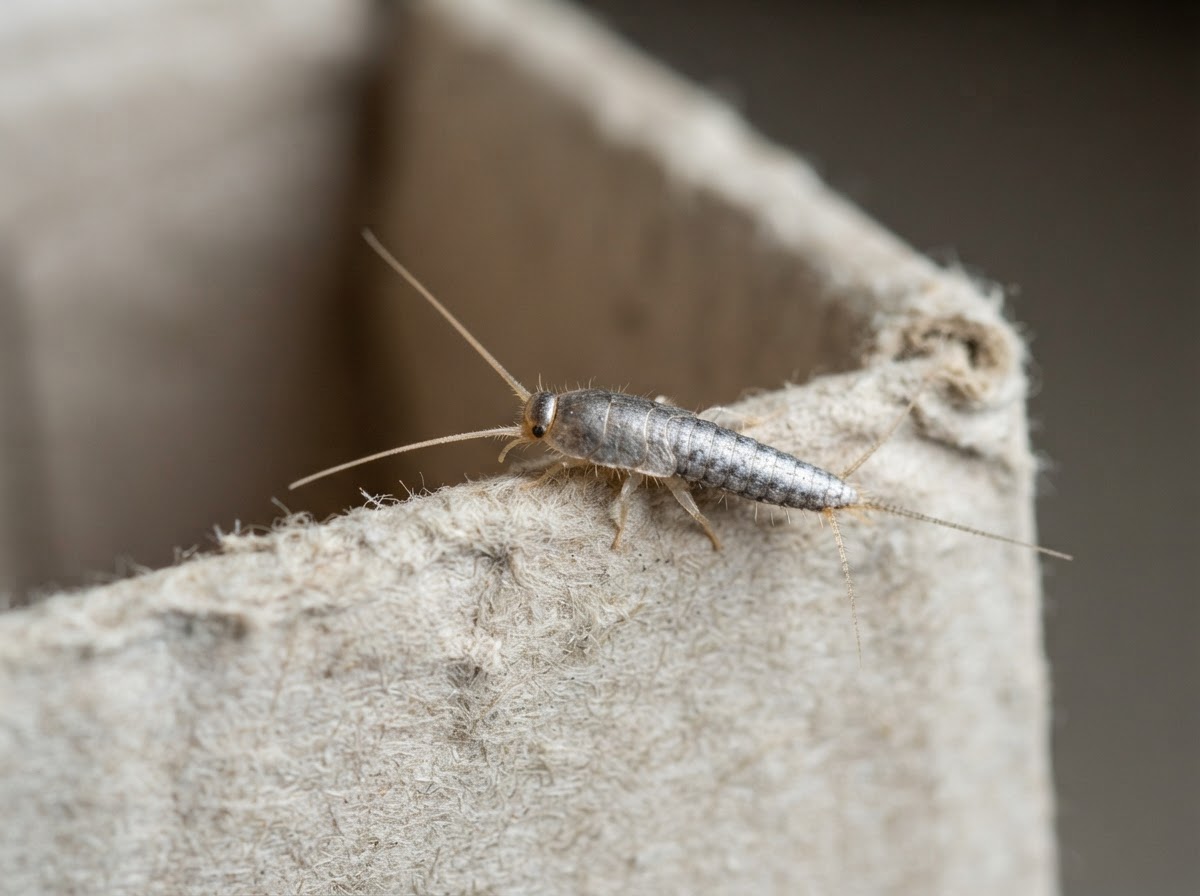 A single silver-grey silverfish with its long antennae and tail filaments resting on the pale edge of a cardboard box