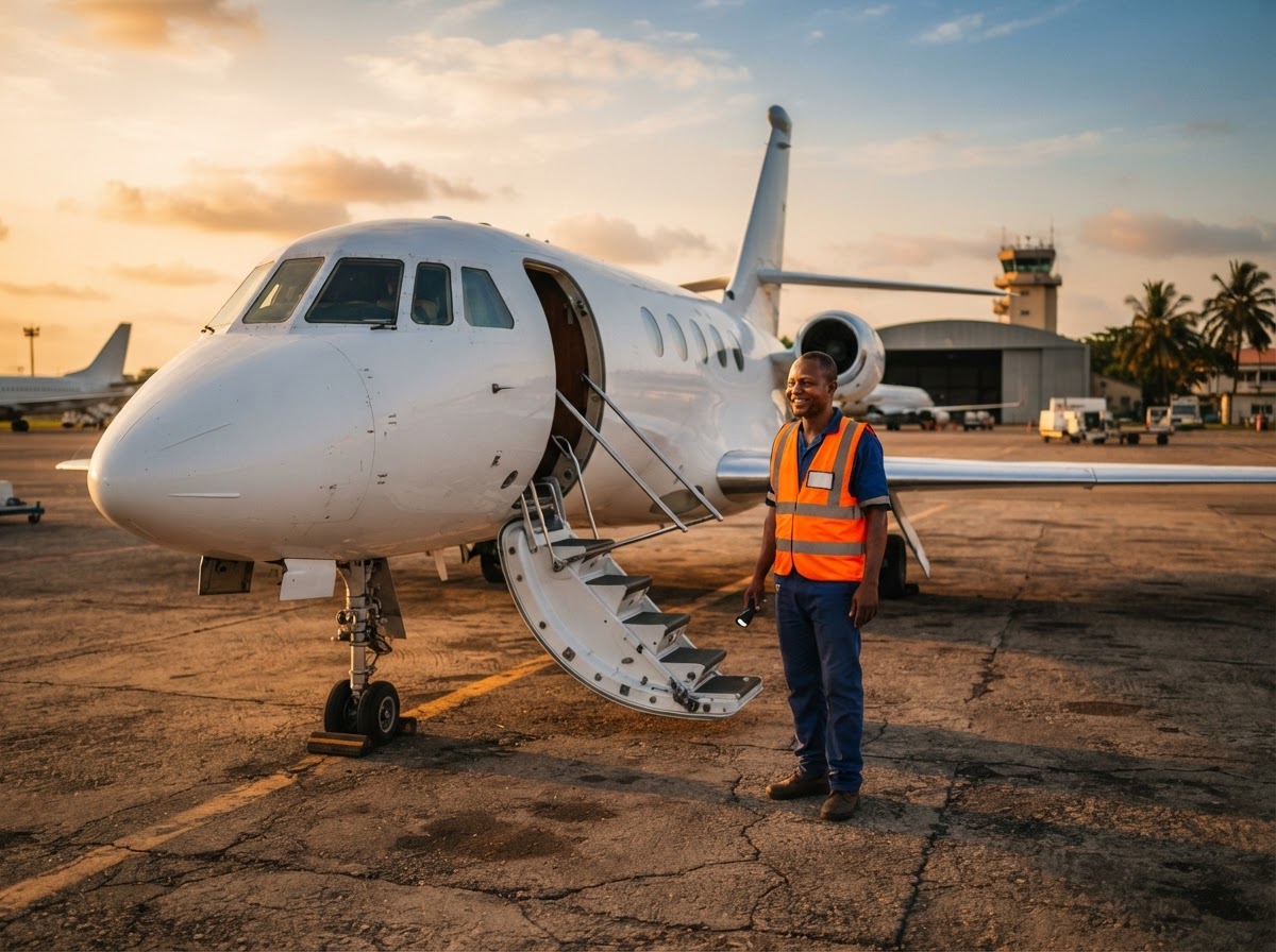 A small plain white business jet on an Accra airport apron at golden hour with its airstairs down; a Ghanaian pest control technician in a high-visibility vest stands by the stairs holding a torch, his face in three-quarter view; the aircraft is completely unbranded with no logos, tail numbers or stripes