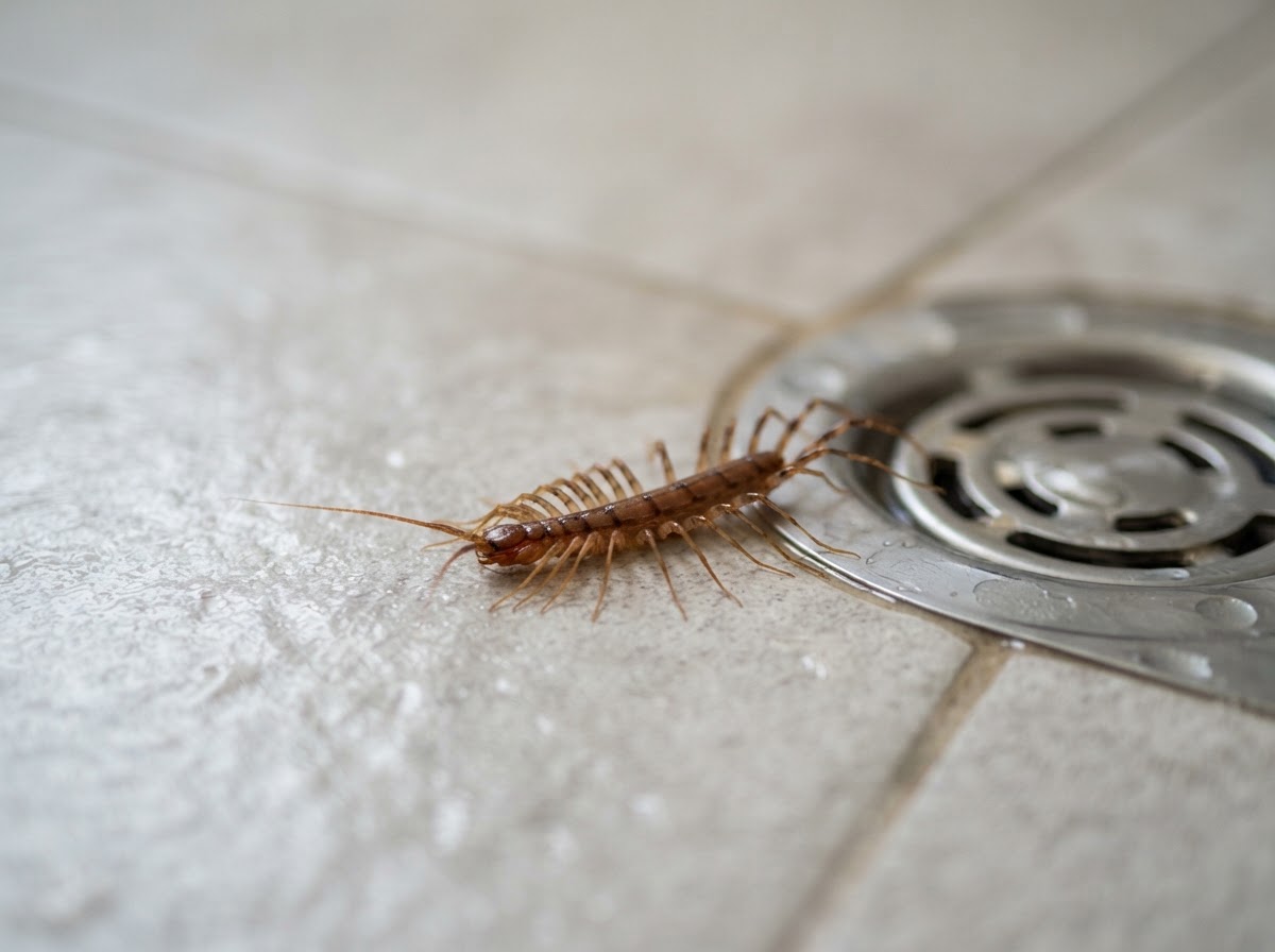 A single brown centipede with many legs resting on damp pale floor tiles close to the edge of a bathroom drain, seen from slightly above and to the side, soft side light, shallow depth of field