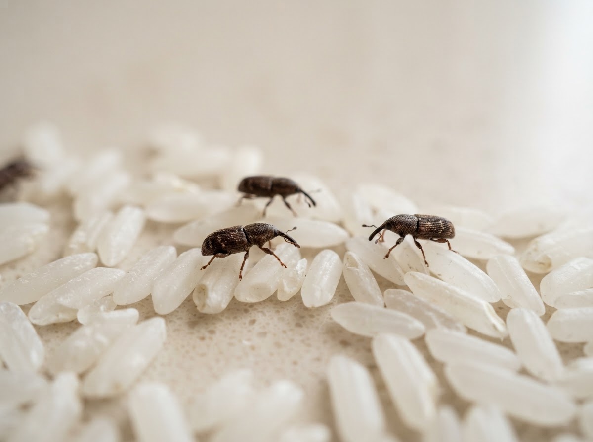 Sharp macro close-up of a few small dark rice weevils with elongated snouts among grains of white rice on a plain pale kitchen surface, the grains in sharp focus, soft natural daylight, shallow depth of field