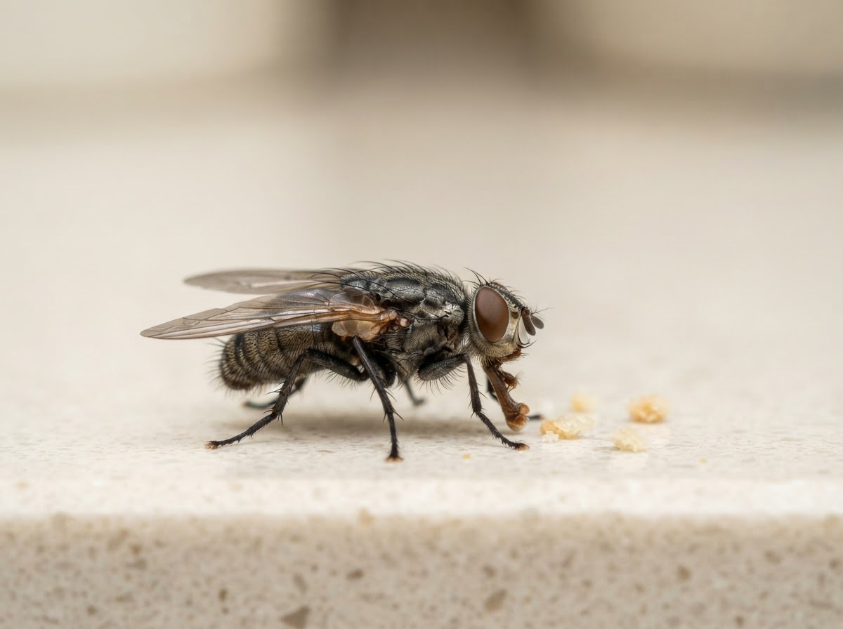 Sharp macro side-view close-up of a single common house fly resting on a clean pale kitchen worktop beside a few crumbs, showing the large reddish-brown compound eyes, translucent veined wings, bristled body and six legs, against a softly blurred worktop background