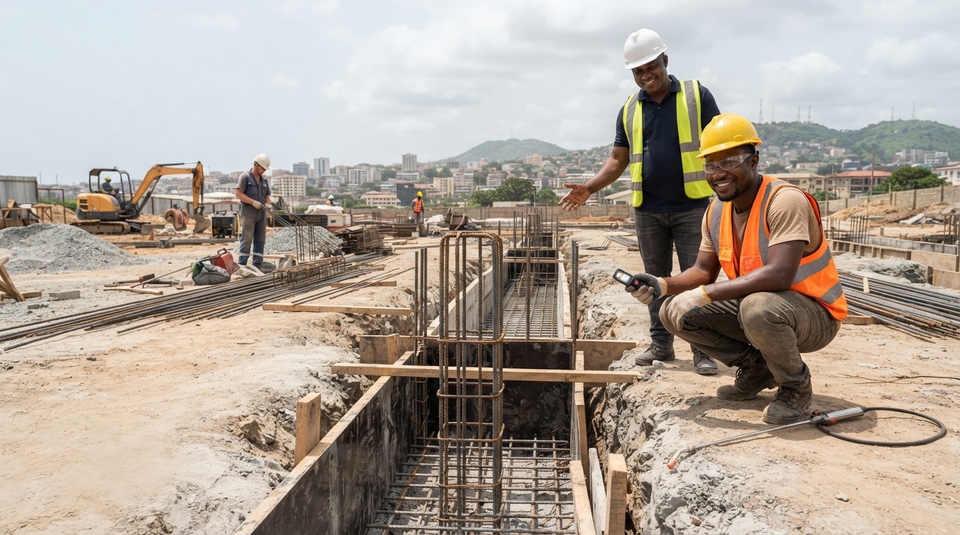 A friendly Ghanaian pest control technician in a hard hat, high-visibility vest, gloves and safety glasses crouching at the edge of an open concrete footing trench at a building site in Accra, holding only a torch with a soil treatment sprayer wand resting on the ground beside them, a Ghanaian site engineer behind and another worker in the distance, in bright daylight