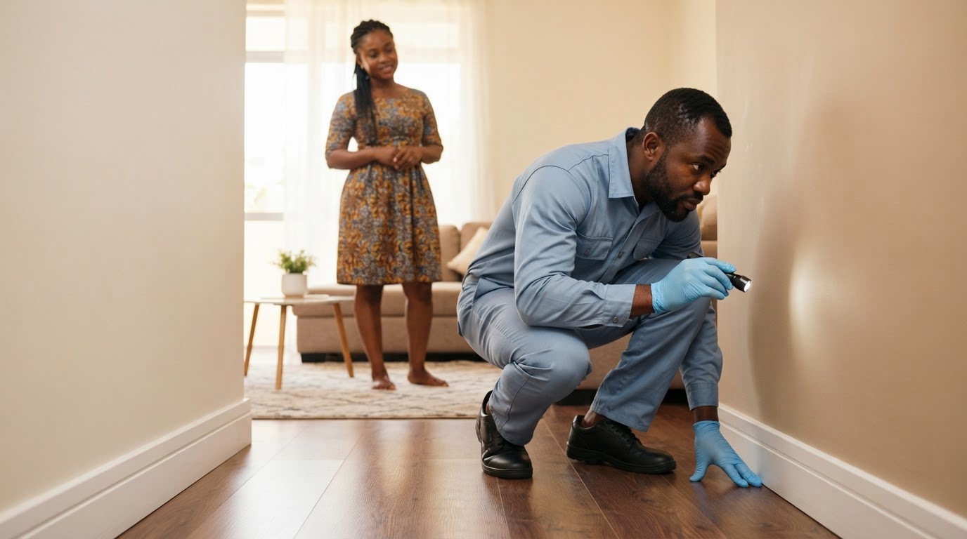 A friendly Ghanaian pest control technician in clean practical work clothes and gloves crouching along a skirting board in a bright, modern, tidy Accra living room, holding only a torch, with a Ghanaian homeowner watching in the background