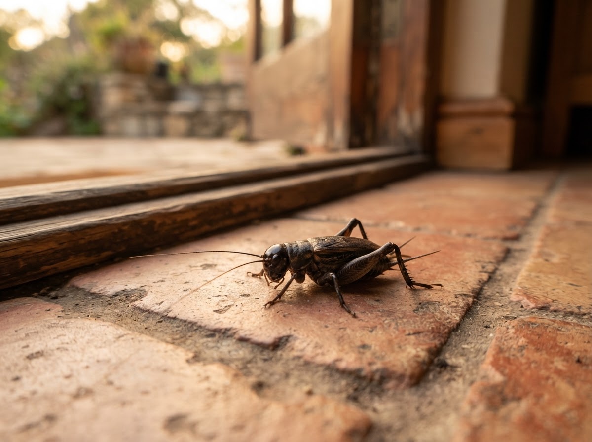 Sharp macro close-up of a single dark field cricket resting on a tiled floor near a door threshold in soft warm evening light, the cricket in sharp focus with long antennae and large back legs visible, shallow depth of field