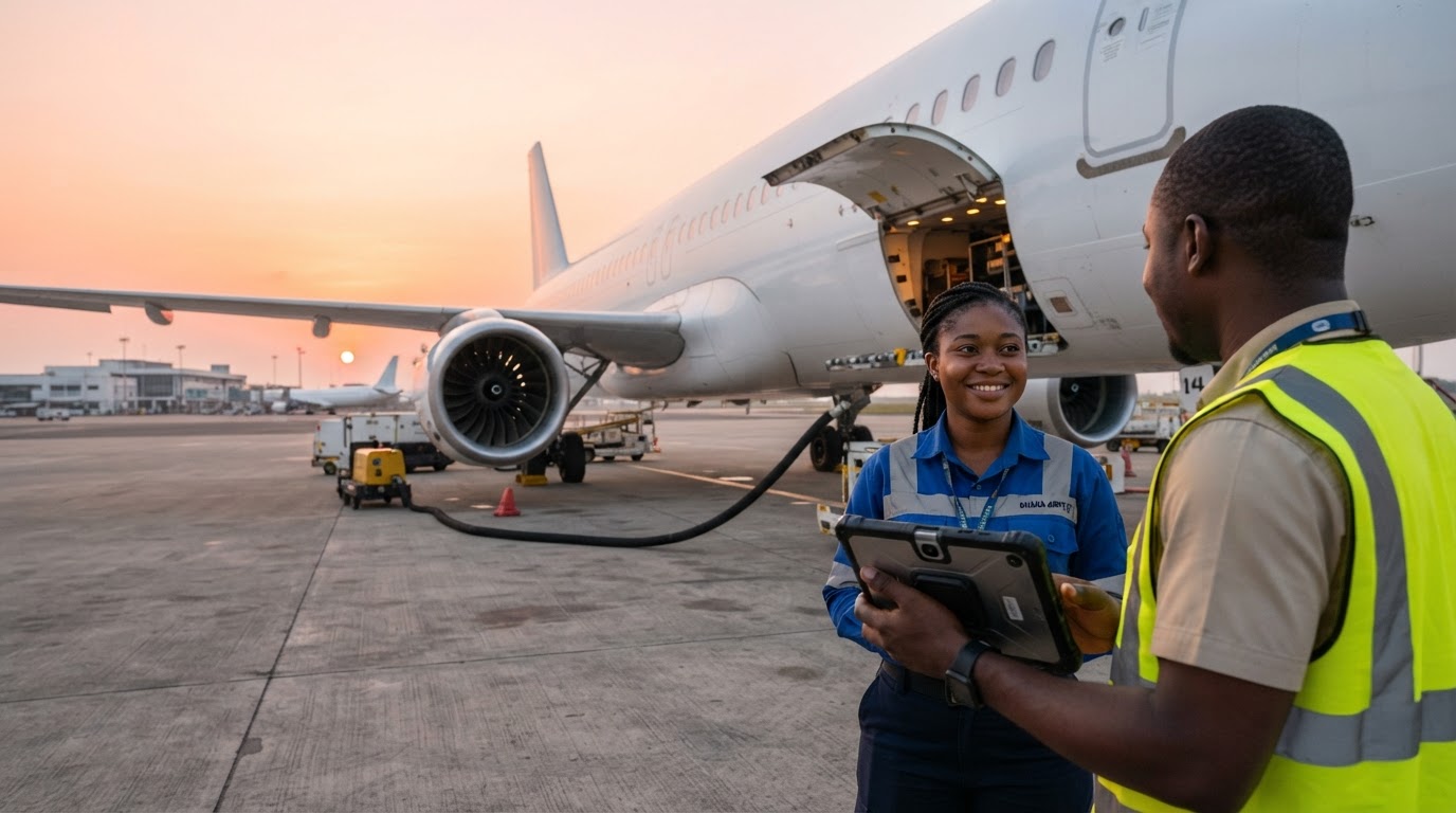 A plain white, unbranded, modern twin-engine passenger jet at an Accra airport stand at dawn, seen from a low angle near its open cargo hold door, with an over-the-shoulder view from behind a Ghanaian technician in a high-visibility vest who holds a tablet with its back toward the camera, talking to a Ghanaian ground handler who faces the camera
