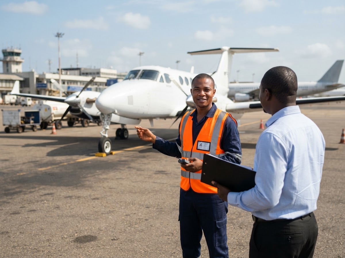 A plain white twin-turboprop aircraft with no markings on an Accra airport apron; a Ghanaian pest control technician in a high-visibility vest faces the camera, beside a Ghanaian official in plain smart clothes who holds a clipboard seen from behind so the back of the clipboard faces the camera; the aircraft is completely unbranded with no logos, tail numbers or stripes