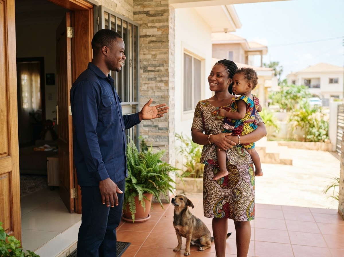 A friendly Ghanaian pest control technician in clean work clothes standing at a bright home entrance with both hands empty, one palm open in a calm explaining gesture, speaking to a Ghanaian mother who holds her young child and listens with a smile, with a small dog sitting calmly on the floor beside them