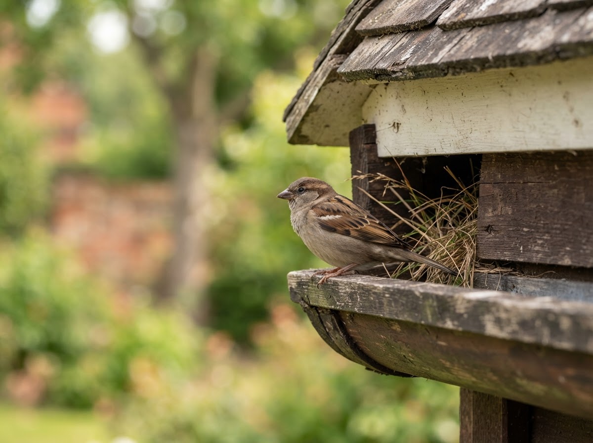 A small brown sparrow-like bird perched on the edge of a roof beneath an eave, with a few strands of dry grass in a small gap in the roof edge behind it, soft daylight, seen from the side