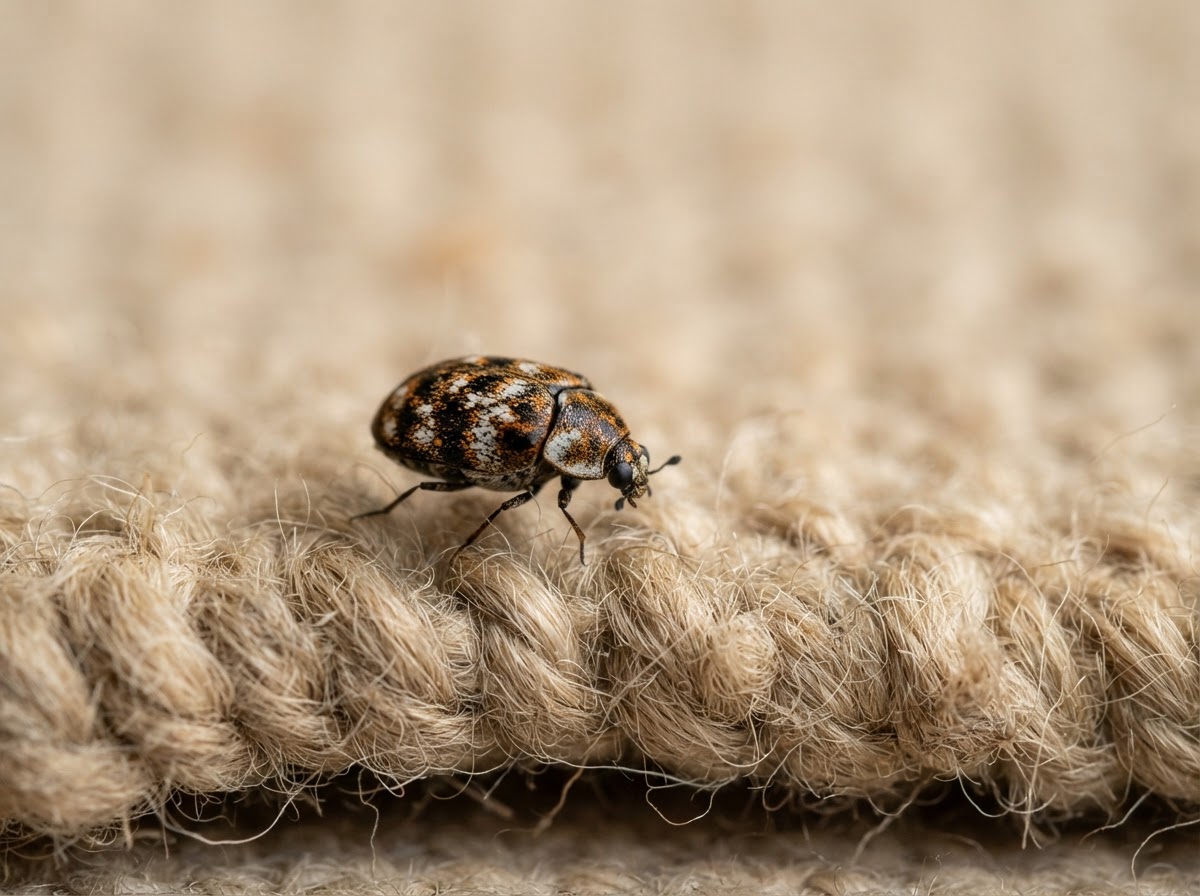 A small oval carpet beetle with a mottled pattern of dark, white and orange scales on the edge of a woollen rug, soft light, macro