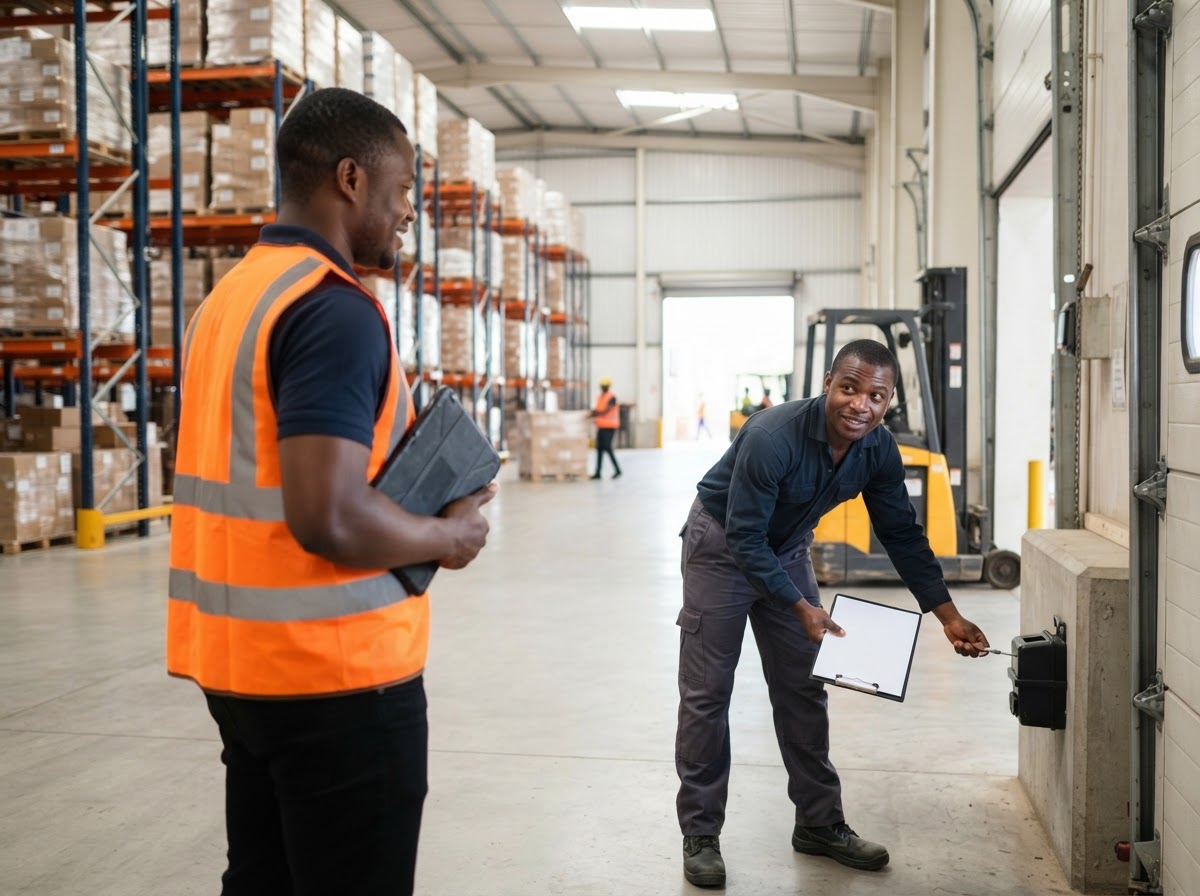 A bright, tidy distribution warehouse in Accra with tall pallet racking and a forklift parked to one side, where an over-the-shoulder, three-quarter rear view from behind a Ghanaian supervisor in a high-visibility vest shows him holding a tablet with its back toward the camera, while a Ghanaian pest control technician in clean work clothes checks a pest monitoring station by the loading dock door, facing the camera