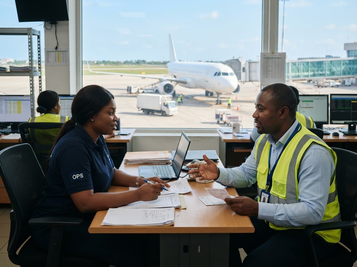 A bright airline operations office at Accra airport; a Ghanaian operations officer and a Ghanaian pest control technician in a high-visibility vest sit across a desk from each other talking, both seen from the side; a laptop on the desk is seen edge-on from the side so no screen is visible; a large window behind shows a plain white unbranded aircraft on the apron