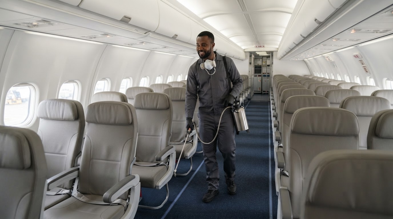 Inside an empty modern aircraft cabin before boarding, rows of plain seats and bright cabin lighting; a Ghanaian pest control technician in a clean work uniform with a respirator hanging at his neck stands in the aisle holding a professional hand applicator pointed safely at the floor, nothing being sprayed, his face visible in three-quarter view