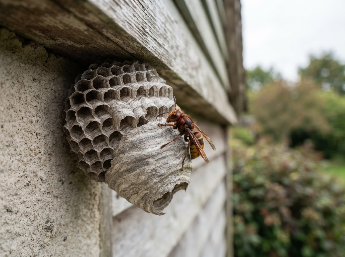 Sharp photograph of a large hornet resting calmly beside a papery grey nest attached under the eave of a house, outdoors in soft natural daylight, shallow depth of field, not attacking