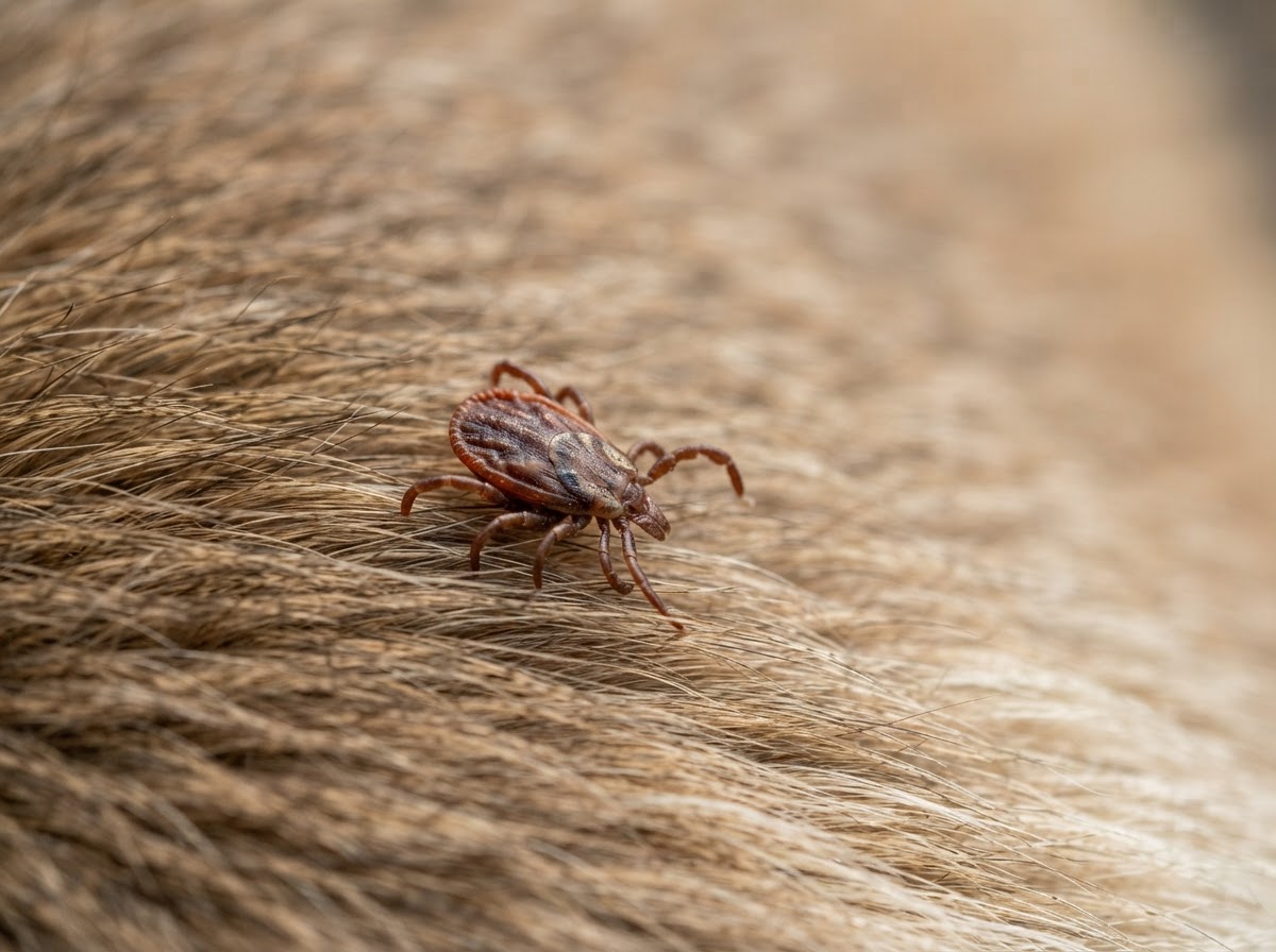 A single brown tick on short dog fur, close macro with a shallow depth of field, only the fur and the tick visible with no dog face, eyes or body shown, soft natural daylight