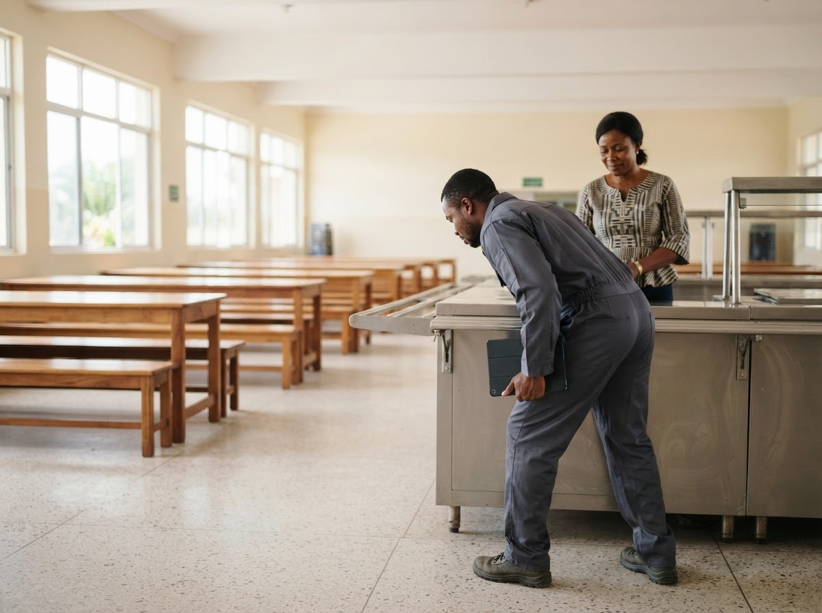 A clean, bright, empty school dining hall in Accra after hours, with long tables and benches neatly arranged, where an over-the-shoulder, three-quarter rear view from behind a Ghanaian pest control technician shows him holding a tablet with its back toward the camera, checking the base of a serving counter, while a Ghanaian school administrator in smart clothes faces the camera and looks on