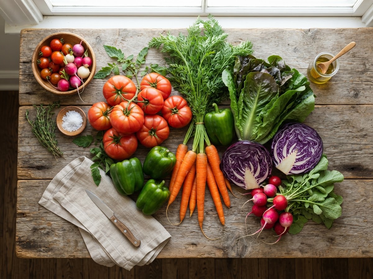 Fresh colorful vegetables flat lay on wooden table