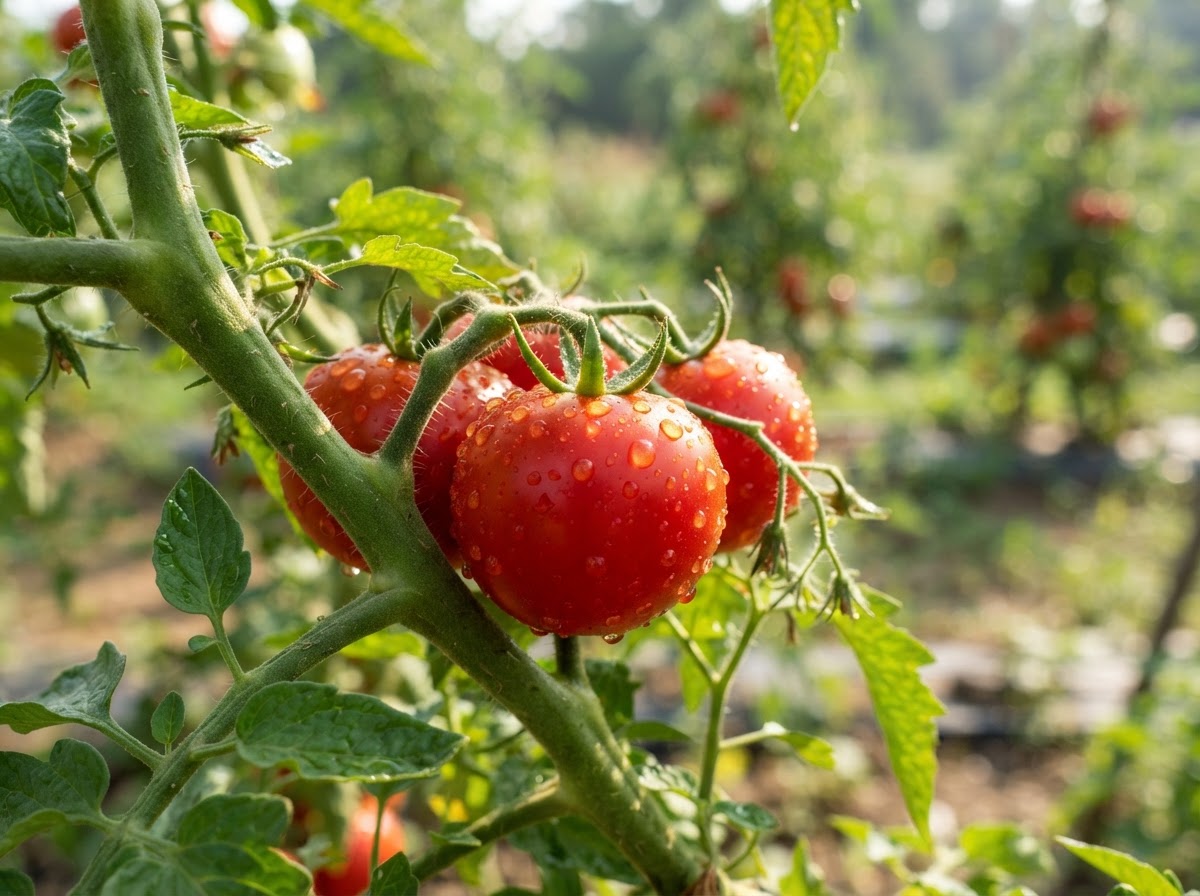Ripe red tomatoes on the vine with water droplets