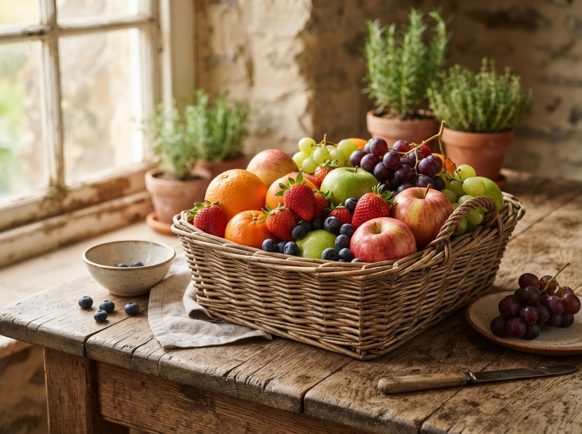 Wicker basket of fresh seasonal fruits