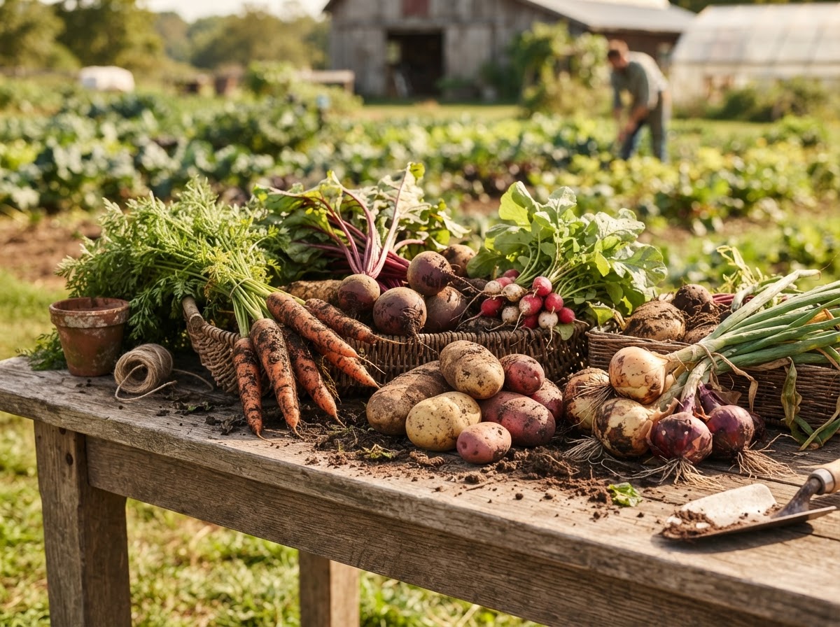 Fresh root vegetables harvested at organic farm