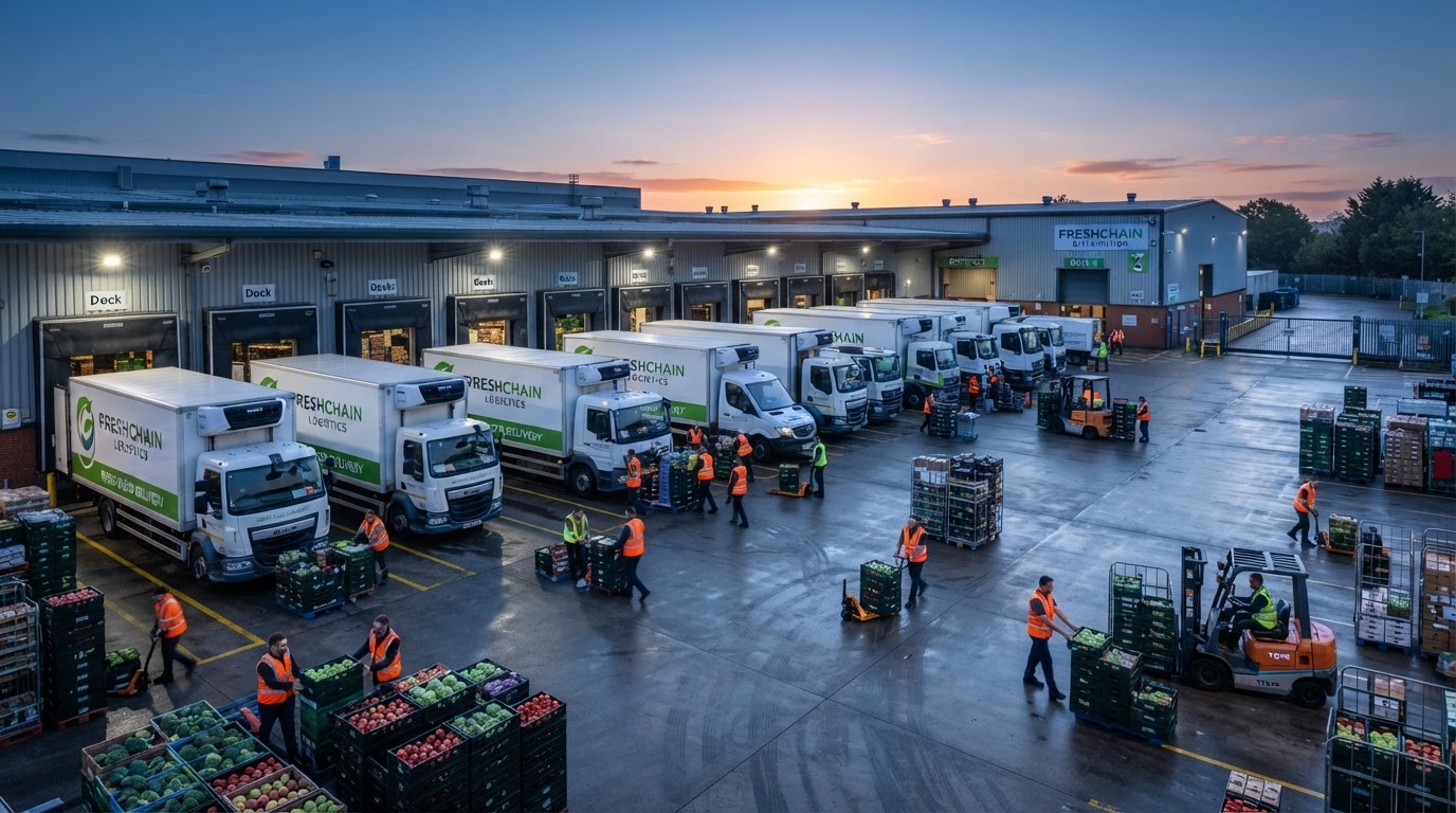 Emergency fresh food dispatch depot at dawn