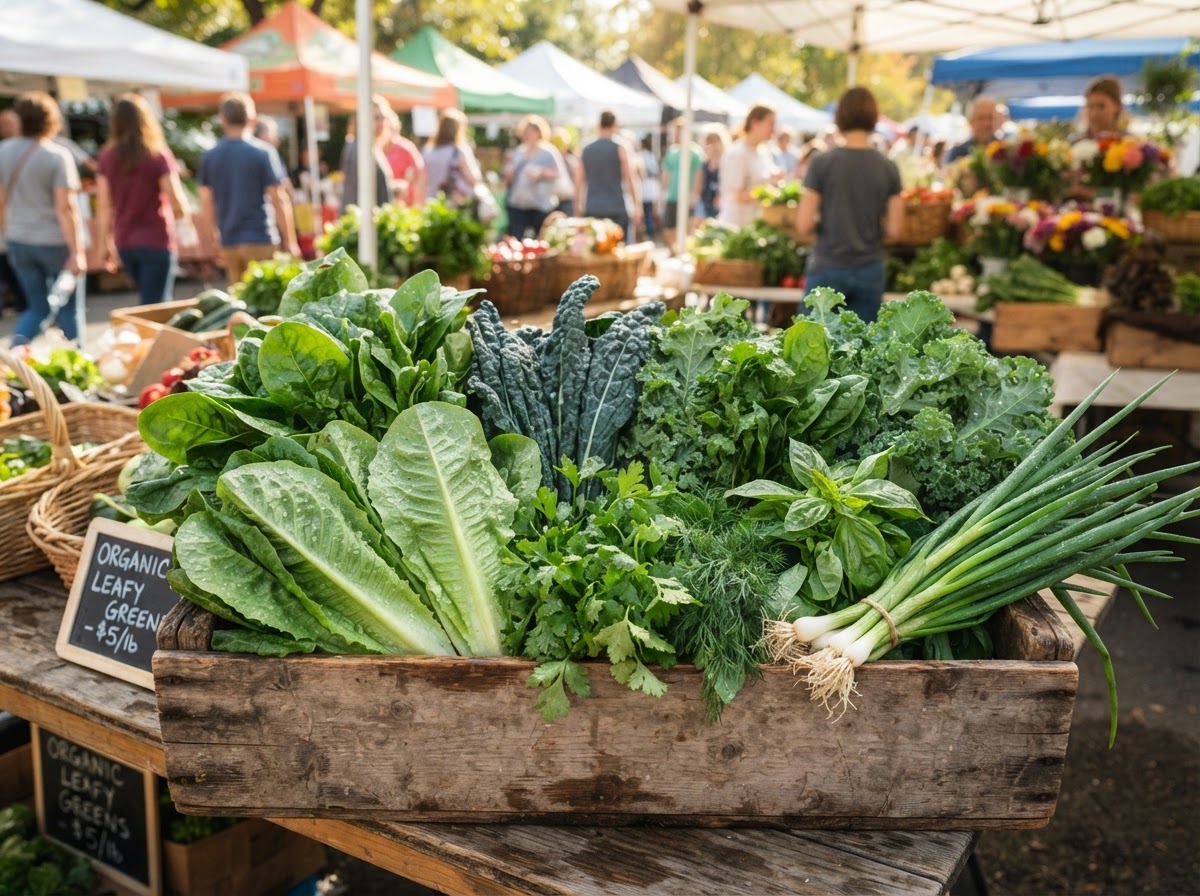 Wooden crate of fresh leafy greens at farmer's market
